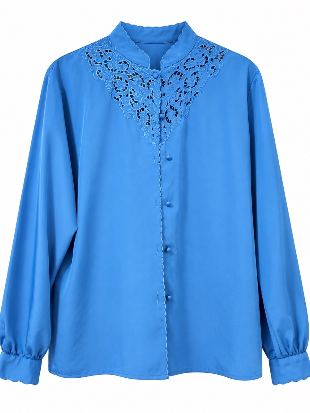 Vintage Scalloped Lace-Yoke Button Front Blouse in Bright Blue